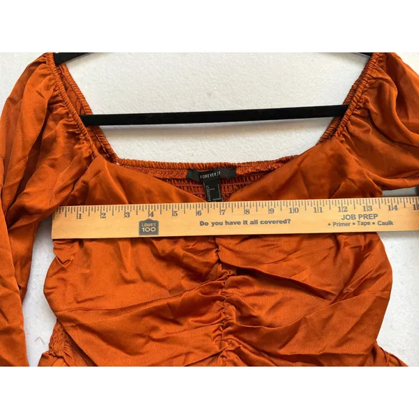 Forever 21 Rust Orange Satin Ruched Smocked Back Long Sleeve Crop Top Small - Image 5