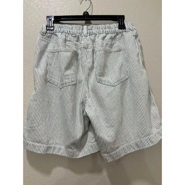 Aerie Shorts Womens Medium Blue White Stripe Pleated Long Elastic Waist - Image 2
