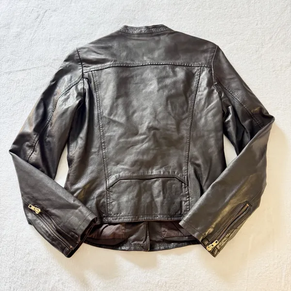 Maje Asymmetric Leather Moto Jacket Womens Size 3‎ L Brown Biker Gold Zip Edgy - Image 8