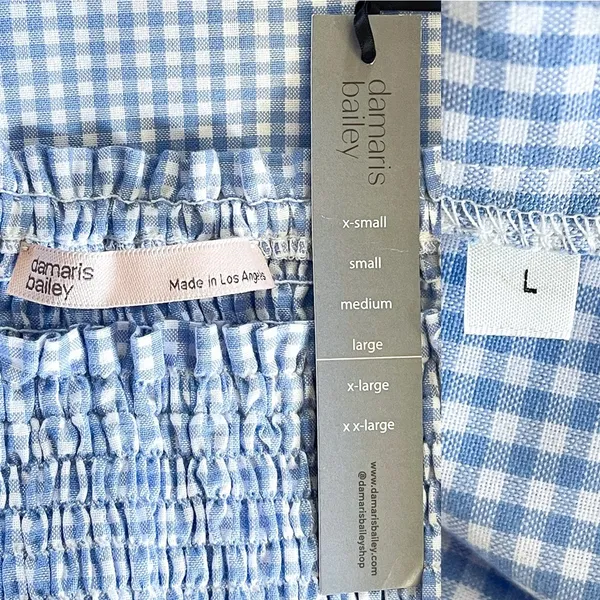 Damaris Bailey Azul Dress Smocked Puff Sleeve Midi Gingham Blue‎ Large NWT - Image 5