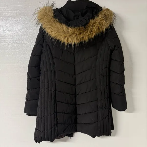 Tommy Hilfiger Coat Puffer Down Women XL Black Full Zip Faux Fur Hooded Long - Image 8