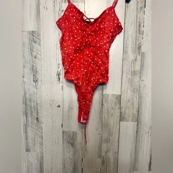 Zara Red Star Print Lace-Up Bodysuit Size XS NWT - Image 5