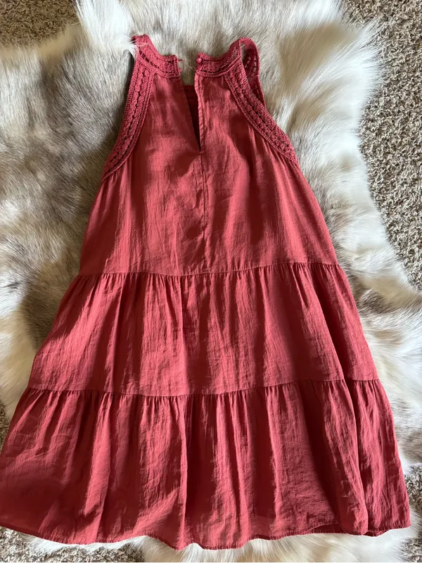 Sleeveless Crochet Yoke Tiered Dress in Rust - Image 8