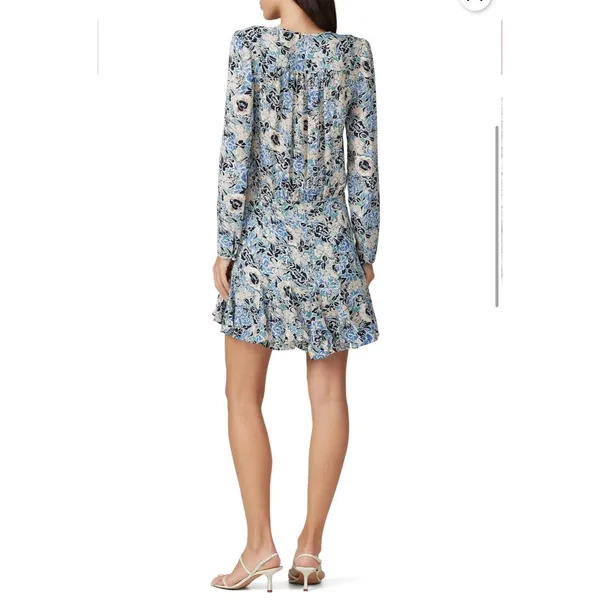 Veronica Beard 14 Riggins‎ Dress Mini Shift Blue Silk Floral V Neck Long Sleeves - Image 9