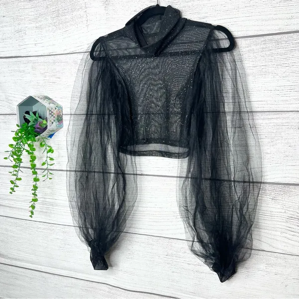 Sheer Black Sparkle Mesh Long Tulle Sleeve Crop Top Size Small - Image 2