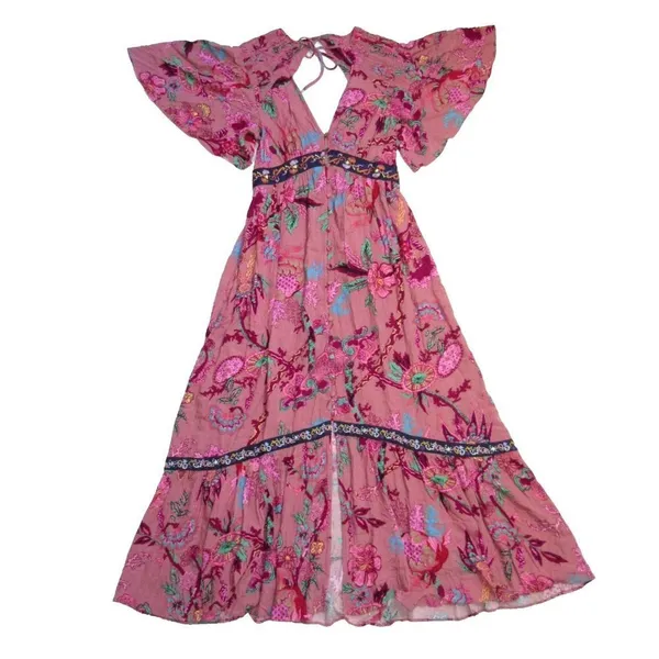 NWT by Anthropologie Ruffled Embroidered Maxi in Pink Floral V-neck Dress S - Image 7