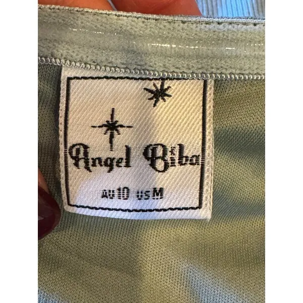Angel Biba Dress Women Medium Green Knit‎ Sweetheart Neck Tie Waist Sheath Midi - Image 10