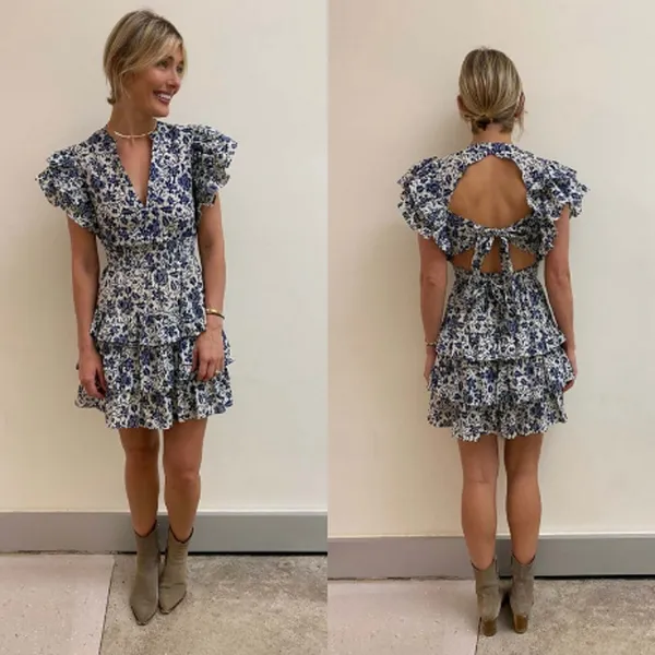 Love The Label Isla Smocked Tie-Back Ruffle Mini Dress XS Boho Date Floral‎ - Image 2