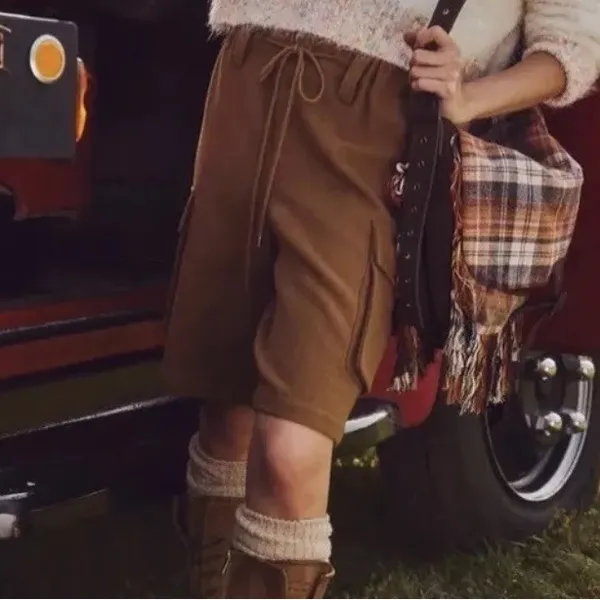 NWOT Free People Charli Wool‎ Longline Cargo Shorts Brown Small Street Style - Image 12