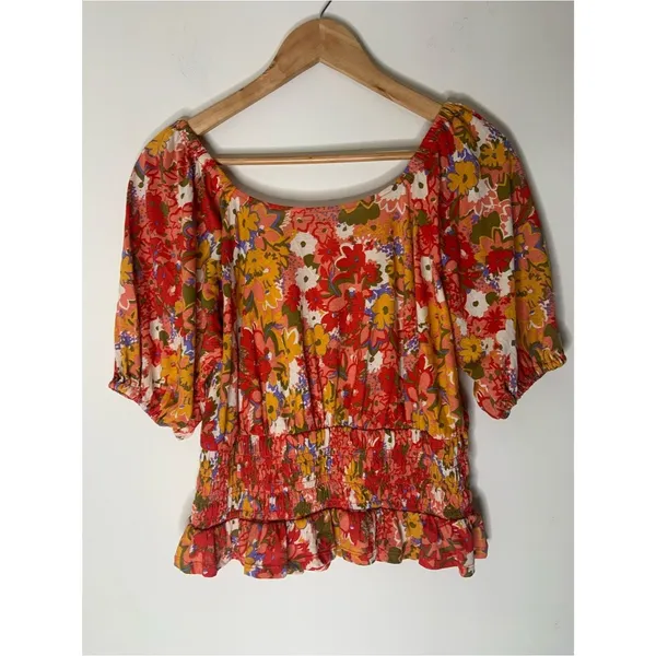 LOFT Red Multi Floral Cotton Puff Sleeve Smocked Waist Blouse S Spring - Image 6