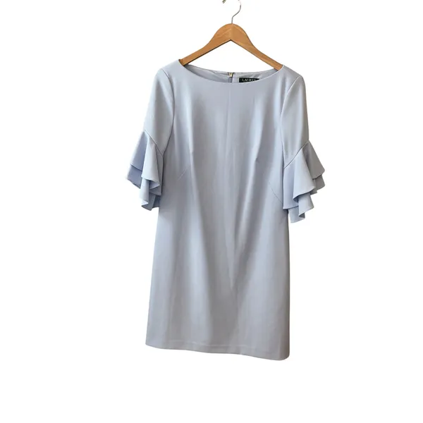 Lauren Ralph Lauren Light Blue Bell Sleeve Shift Dress Size‎ 10 Boat Neck Crepe - Image 2