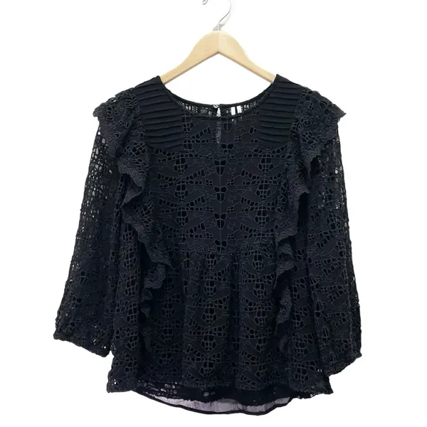Anthropologie Clementine Eyelet Lace Blouse Black Ruffle Puff Sleeve Size 6 - Image 2