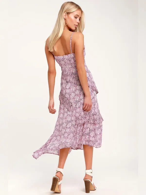 Lulu's These Memories Lavender Floral Print Ruffled Midi Dress Flawed Medium - Image 2