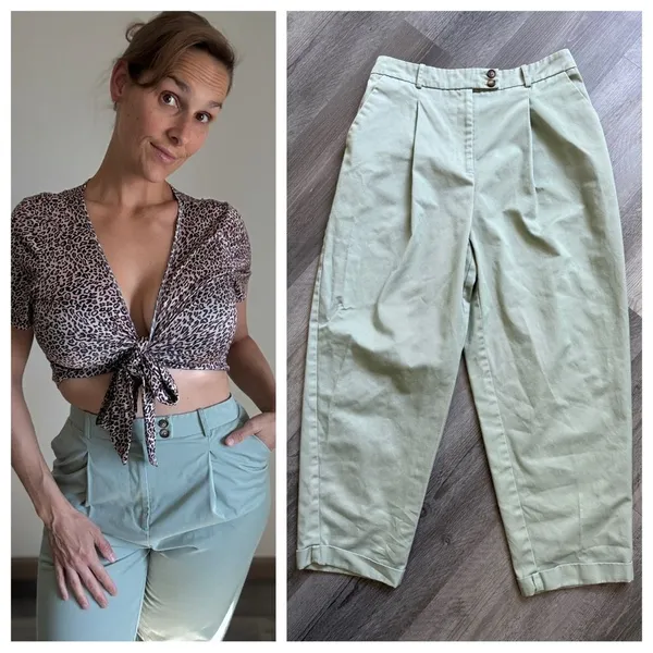 TOPSHOP Pleated High Rise Pants Sage Green US 6 Cropped - Image 3
