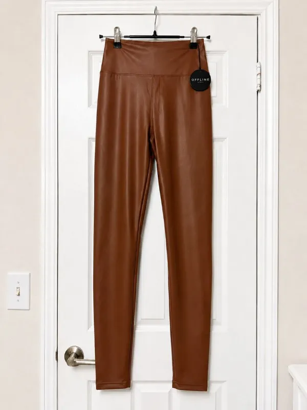 NWT Aerie OFFLINE Real Luxe Faux Leather Leggings Brown High Rise Leather Medium - Image 2