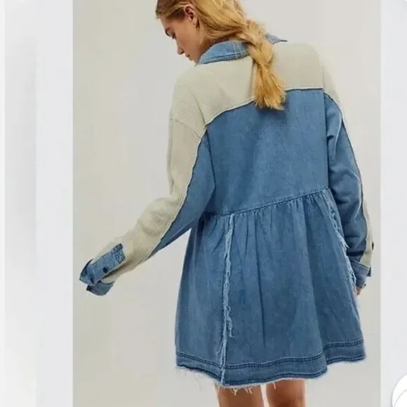 FREE PEOPLE Kenny Denim Mini Dress Tunic Waffle Raw Hem Boho Babydoll Size S - Image 4