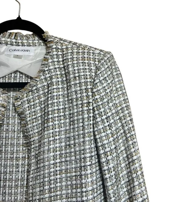 Calvin Klein Jacket Women 6 Multicolor Tweed Plaid Wool Blend Fringe Open Jacket - Image 3