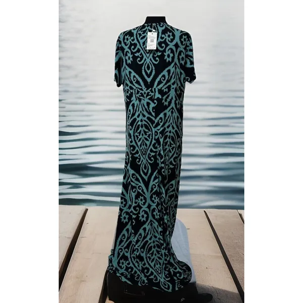NWT Karalin Maxi Dress Women Sz 14W Teal/Black‎ Aztec Print Banded Waist y2k - Image 2