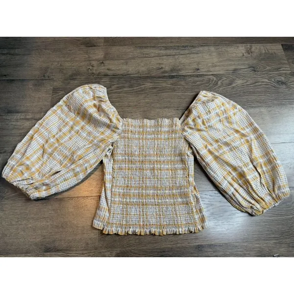 EUC Womens Maeve Anthropologie Square Neck Plaid Blouse puff‎ sleeve size M - Image 3