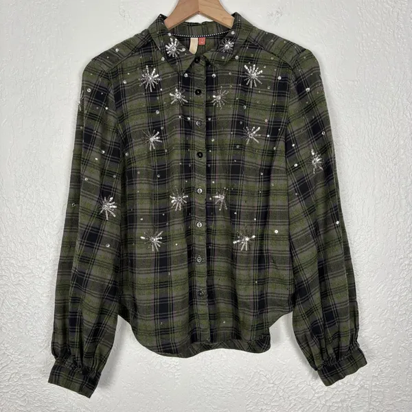 Pilcro Anthropologie Embroidered Sequin Plaid Flannel Shirt Size Small - Image 3