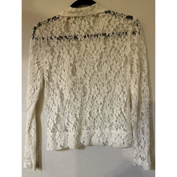 Maurices Womens Medium Lace Moto Jacket Ivory Floral Sheer Asymmetric Zip Artsy - Image 2