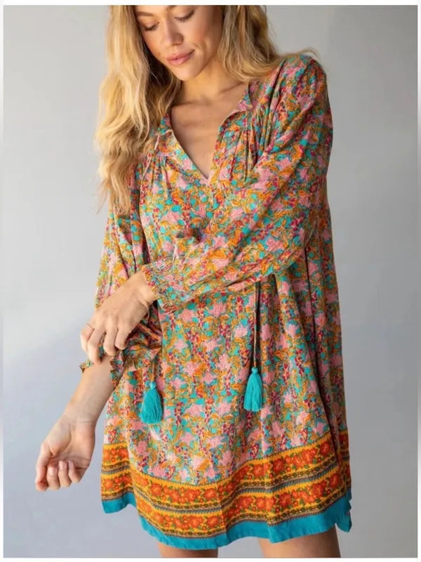NWT Natural Life Dara V-Neck Tunic Dress Boho Floral Tassel Mini Medium - Image 10