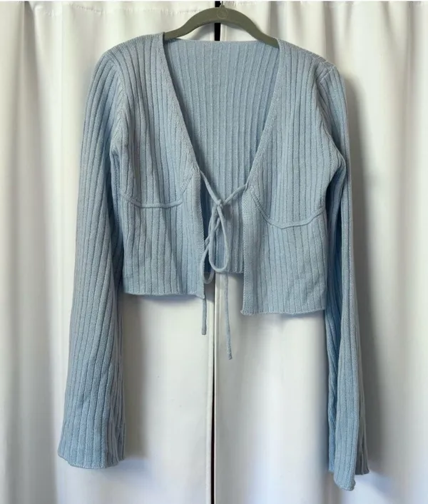 SheIn Sky Blue Self Tie Cottagecore Y2K Cardigan With Flared Sleeves Size Medium - Image 3
