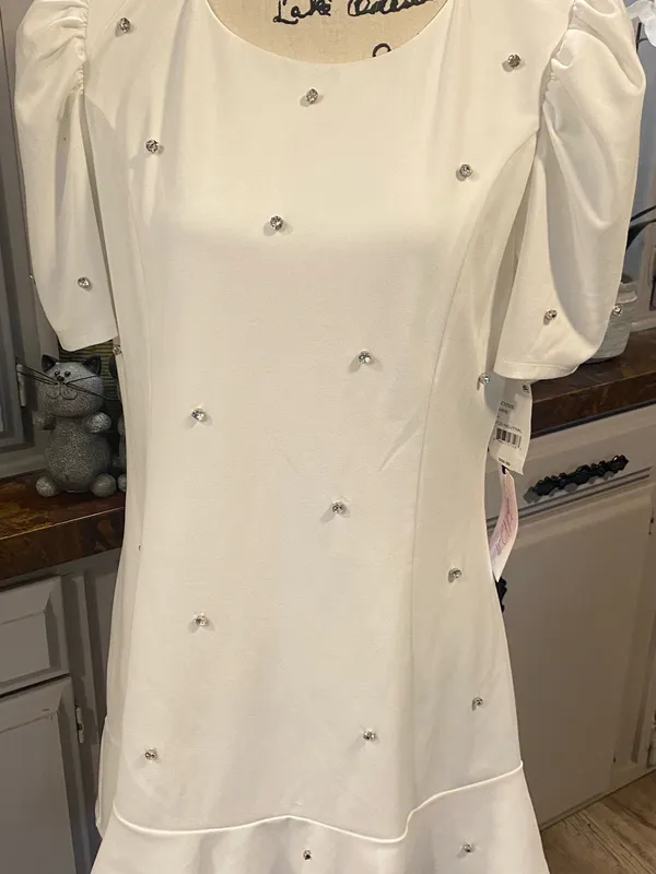 NWT Crystal Doll White Mini Dress with Puff Sleeves and Rhinestones Accents - Image 2