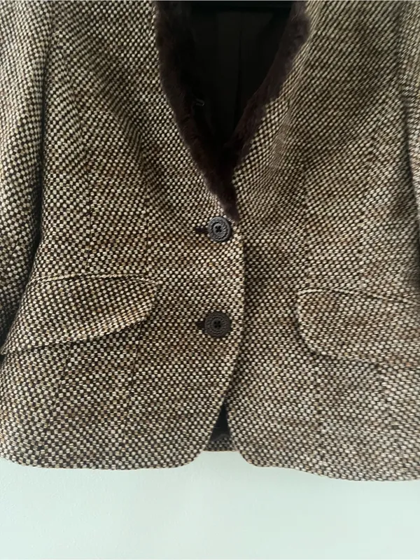 Brown Wool Tweed Blazer Fur Collar Medium Preppy Academia Equestrian Old Money - Image 3