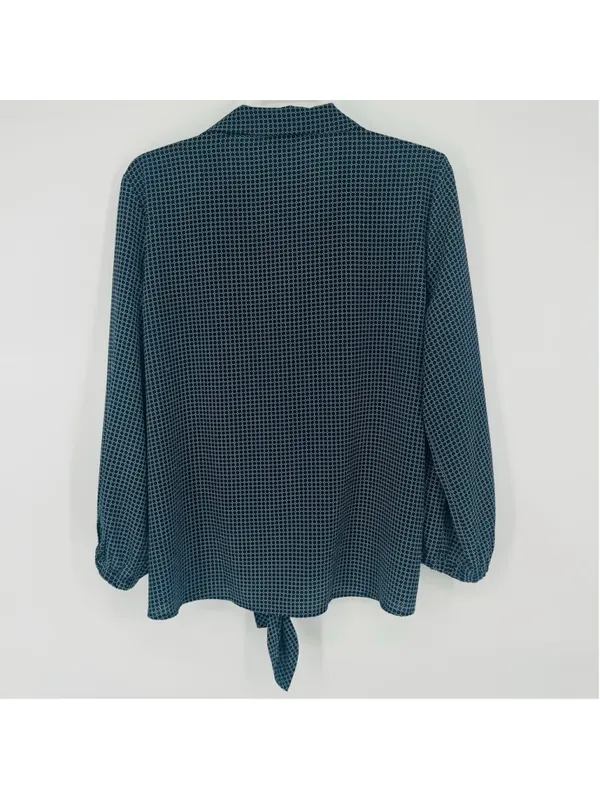 Ann Taylor Navy White Geometric Blouse L Tie Front Button Down 3/4 Sleeve - Image 2
