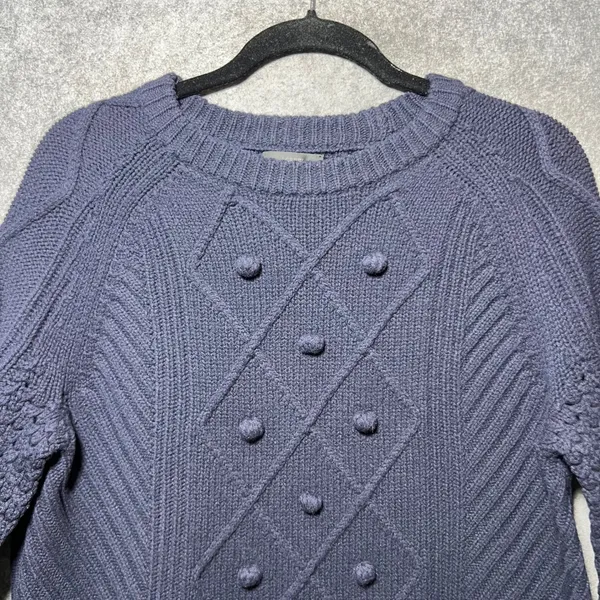 J.Crew Navy Blue‎ 100% Wool Sweater Bobble Diamond Cable Knit Crewneck Medium - Image 12