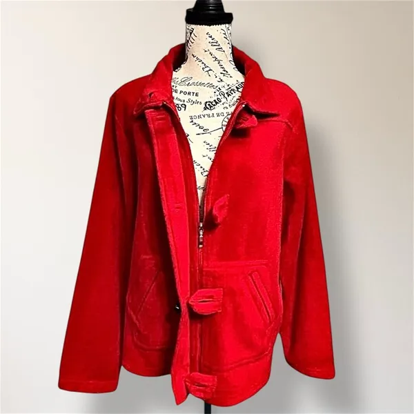 Dressbarn L Red Fleece Toggle Button Jacket Mock Neck Pockets‎ Cozy Outerwear - Image 2