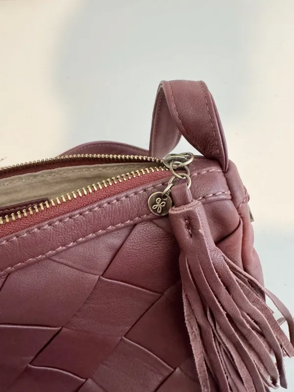 Hobo Kole Bag Berry Woven Leather Tassel Shoulder Handbag Zip Bohemian Old Money - Image 12