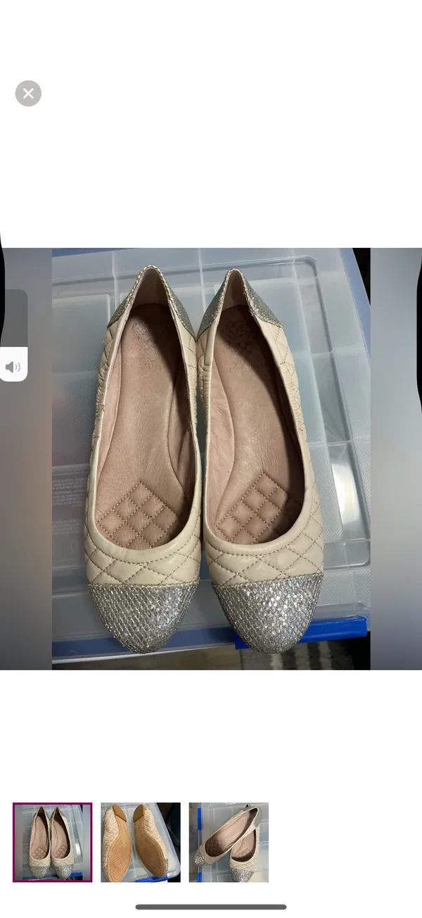 Vince Camuto Quilted Ballet Flats Cream Silver Glitter Cap Toe Size 10 - Image 2