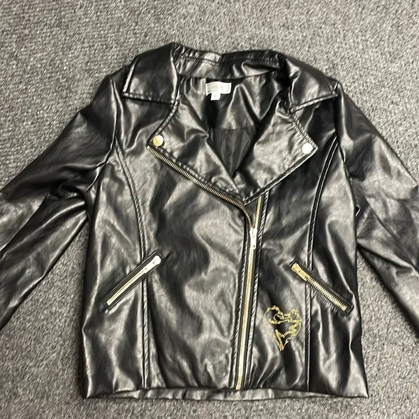 Disney D-Signed Girls Black Faux Leather Moto Jacket Gold Heart Embroidered L - Image 2