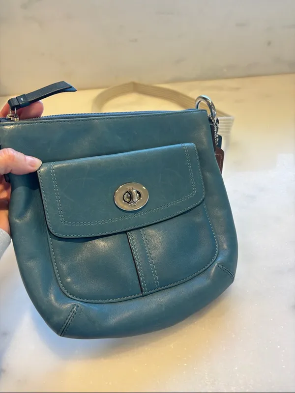 Coach Teal Leather Crossbody with Canvas Strap and Turn-Lock Pocket - Image 3