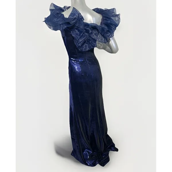 Sherri Hill 55328 Navy Blue Sequin Off-The-Shoulder Ruffle Gown – Size 00 - Image 7