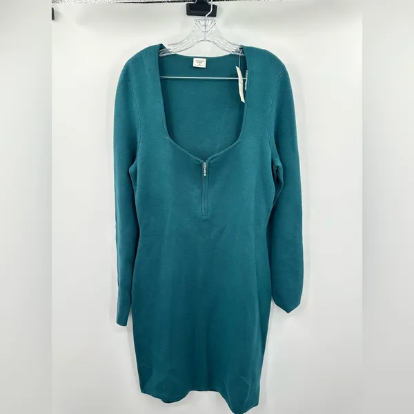 Abercrombie‎ & Fitch NWT Long Sleeve Teal Green Mini Sweater Dress Size XLT - Image 2