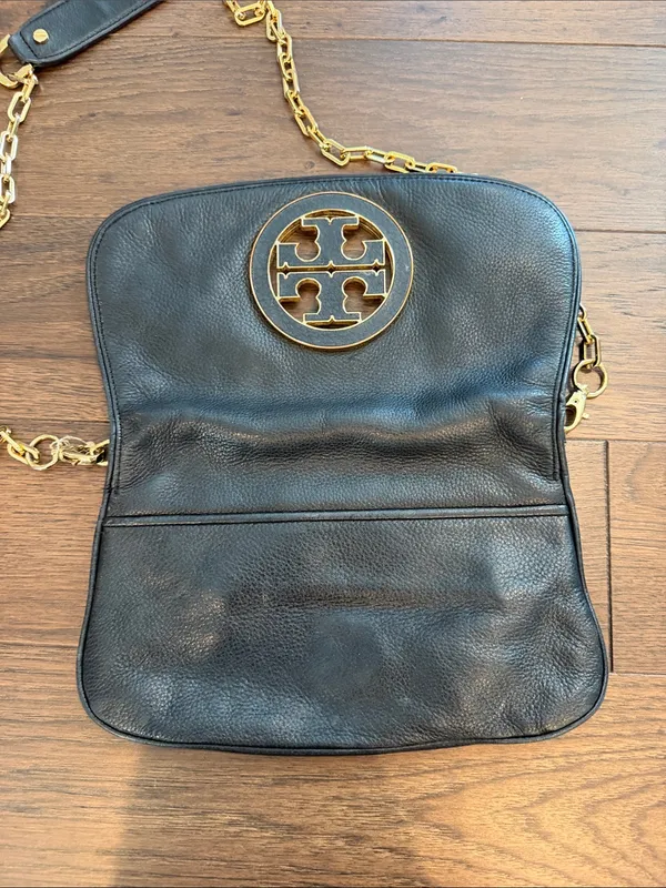 Tory Burch Black Leather Crossbody with Gold-Tone Logo and Chain - C39-182 - Image 10
