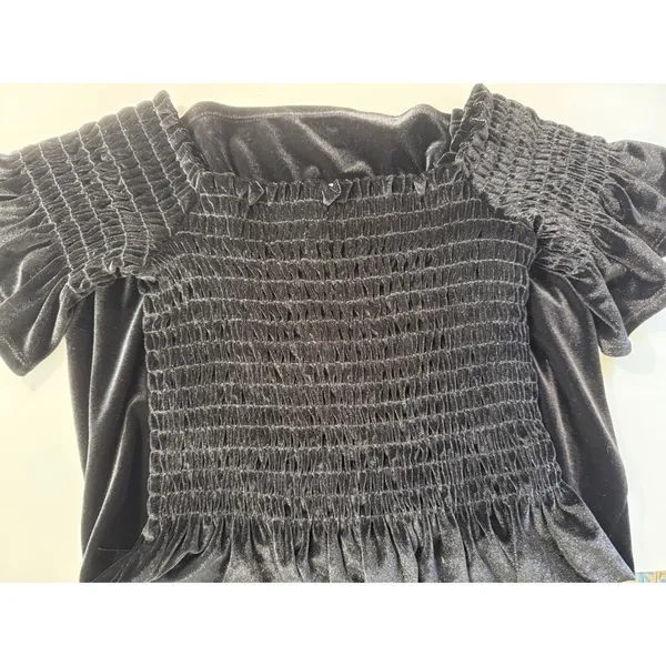 Urban Outfitters Womens Black Plush Velvet‎ Smocked Ruffle Sleeve Mini Dress XS - Image 4
