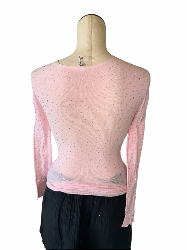 NWOT FREE PEOPLE Night Sky Long Sleeve Top Rhinestone Light Pink XS/S Bedazzled - Image 5