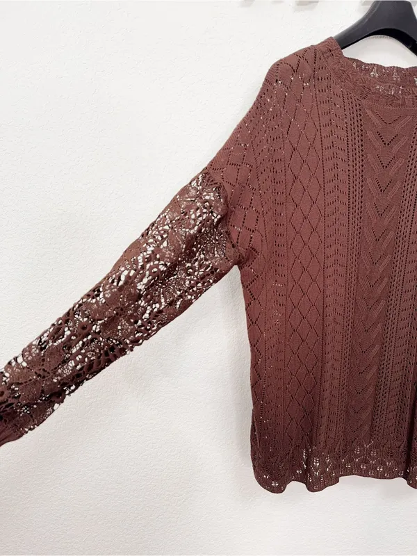 Miss Sparkling Brown Crochet Lace Open Knit Long Sleeve Boho Sweater Top XL - Image 3