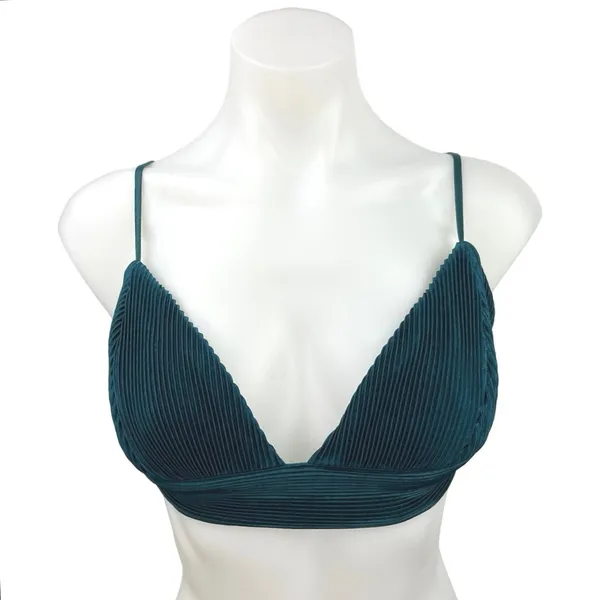 12th Tribe Blue Rib Velvet Velour V-neck Sleeveless Crop Corduroy Bra Tank Top S - Image 2