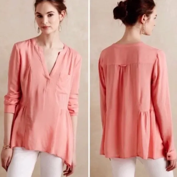 Maeve Anthropologie Orange/Pink Laiken Henley Popover Top Lightweight Size 10 - Image 2