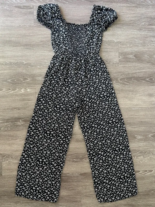 TRIXXI Black Floral Wide Leg Jumpsuit Puff Sleeve Smocked Back S - Image 4