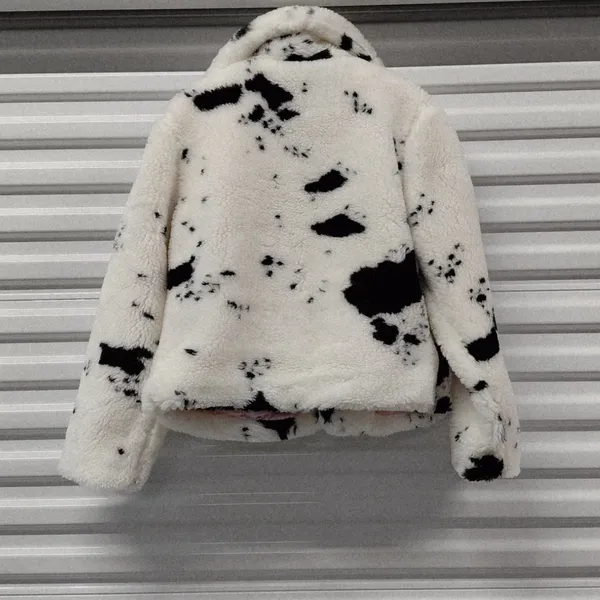 Juicy Couture Women’s Spotted Faux Fur Jacket White Black Cow Print Large Coat - Image 6