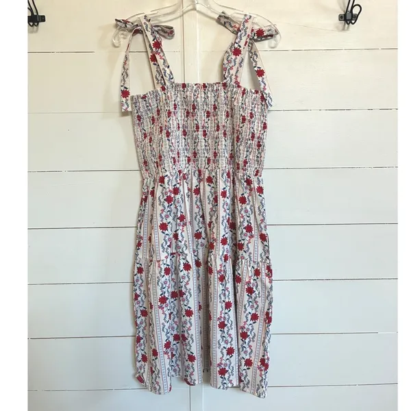 Joie Floral Smocked Tiered‎ Midi Sundress Tie Shoulder Red Blue White Medium - Image 7