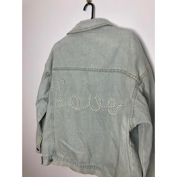 POL Denim Jacket Womens Medium Light Blue Excellent Pearl Love Embellished TWJ19 - Image 2