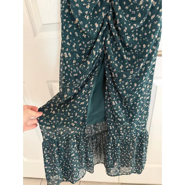 WAYF Nyla Floral Ruched Midi Dress Pine Green Ditsy Floral Puff Sleeve Romantic - Image 5