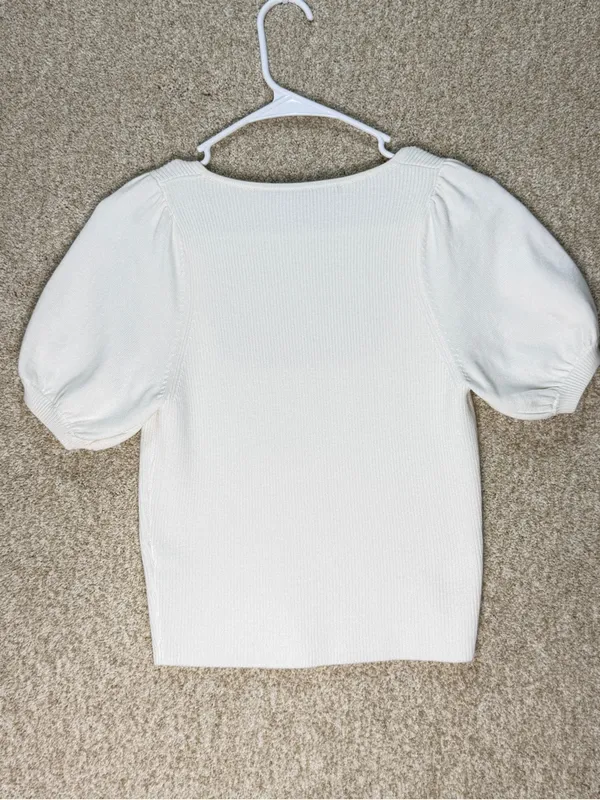 French Connection White Ribbed Square Neck Puff‎ Sleeve Sweater Top Small - Image 2
